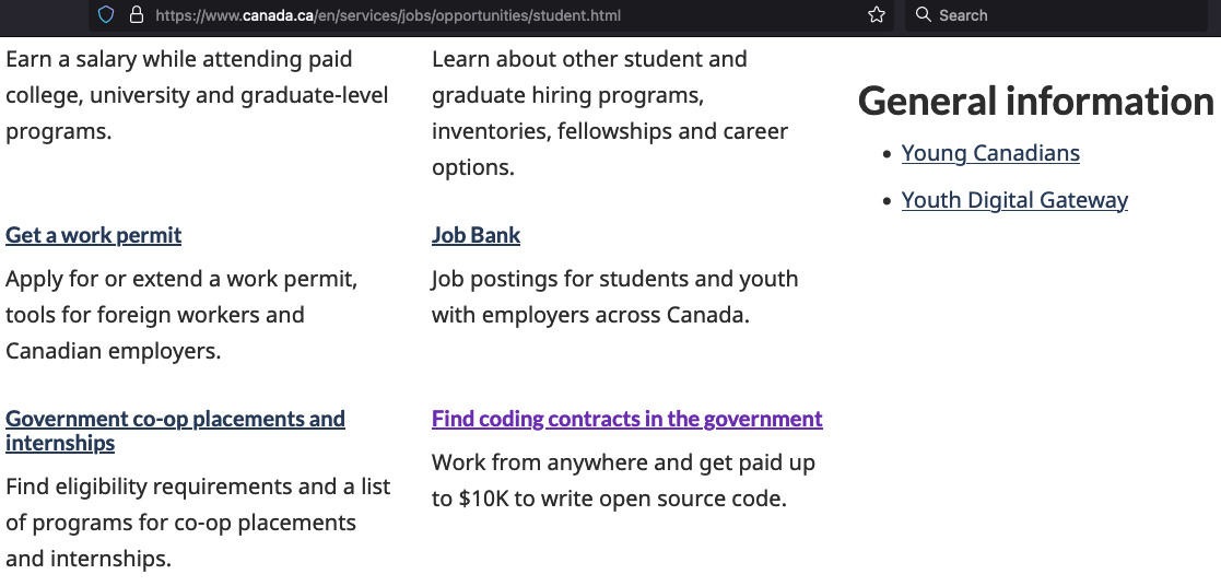 this image is a screenshot of the Student Employment page on Canada.ca as of April 26 2022. It shows links for things like 'Getting a work permit', 'Job Bank', 'Government co-op placements and internships' as well as the link to the Micro-acquisition pilot 'Find coding contracts in the government'